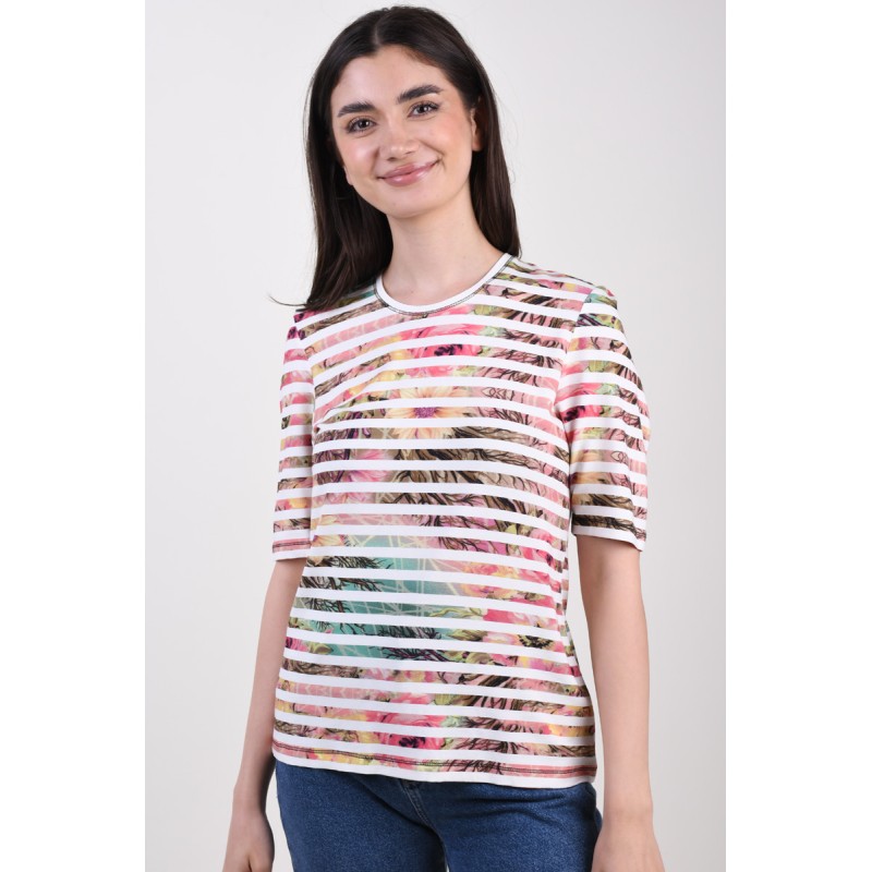 Tricou Sunday 6648 Pink Flower Stripe/White outmag.ro imagine noua