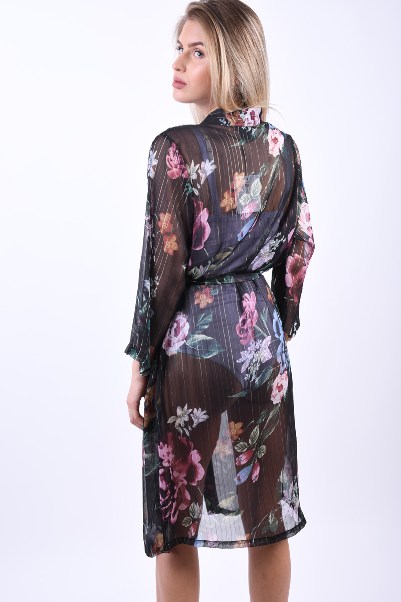 Kimono Floral OBJECT Ana 3/4 Negru